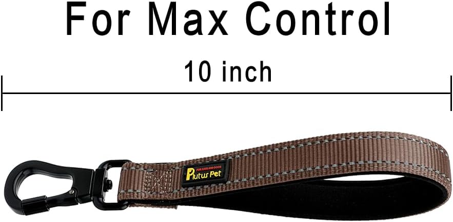 PLUTUS PET Short Dog Leash, Reflective Nylon Padded Handle, Strong Traffic Leash with Carabiner Clip, Perfect for Large or Medium Dogs (10”,Chocolate)