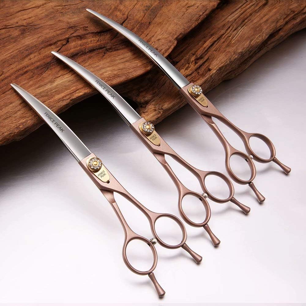 Fenice Peak Professional Curved Dog Grooming Scissors 7.5'' Rose Gold 440C Stainless Steel Pet Cutting Shears Safety Trimming Shearing for Dogs Cats