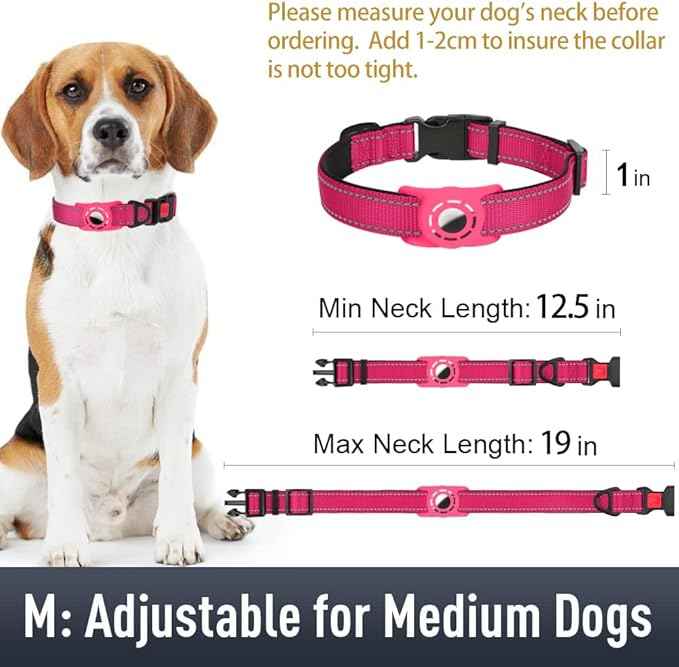 AirTag Dog Collar with AirTag Holder Compatible for Air Tag, Reflective Soft Padded, Safety Locking Buckle, Adjustable Nylon for Small Medium Large Dogs (Hotpink,M)