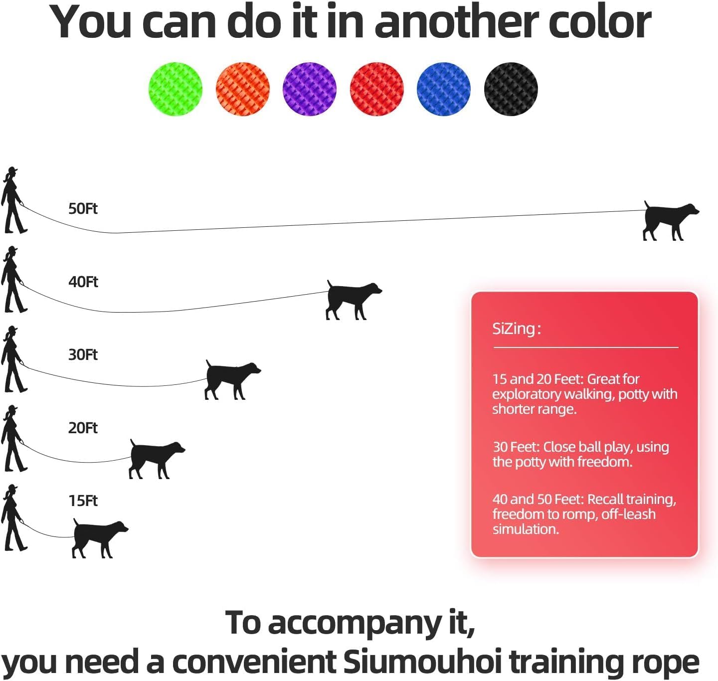 Dog/Puppy Obedience Recall Training Agility Lead -15ft 20ft 30ft 40ft 50ft Training Leash - Great for Play, Camping, or Backyard - Rainbow 15ft