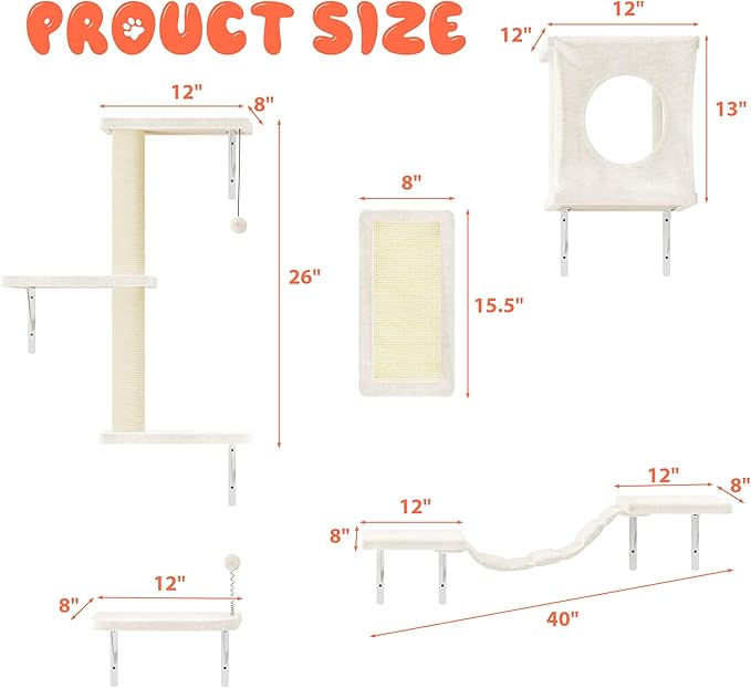 NUNU LAB Cat Wall Shelves, 5Pc Wall Mounted Cat Climber, Floating Perch, Bridge,Tree, House, Modern Indoor Furniture for Kitten - Beige