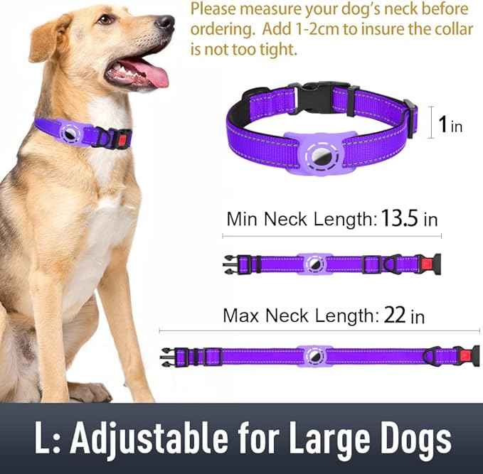 AirTag Dog Collar with AirTag Holder Compatible for Air Tag, Reflective Soft Padded, Safety Locking Buckle, Adjustable Nylon for Small Medium Large Dogs (Purple,L)