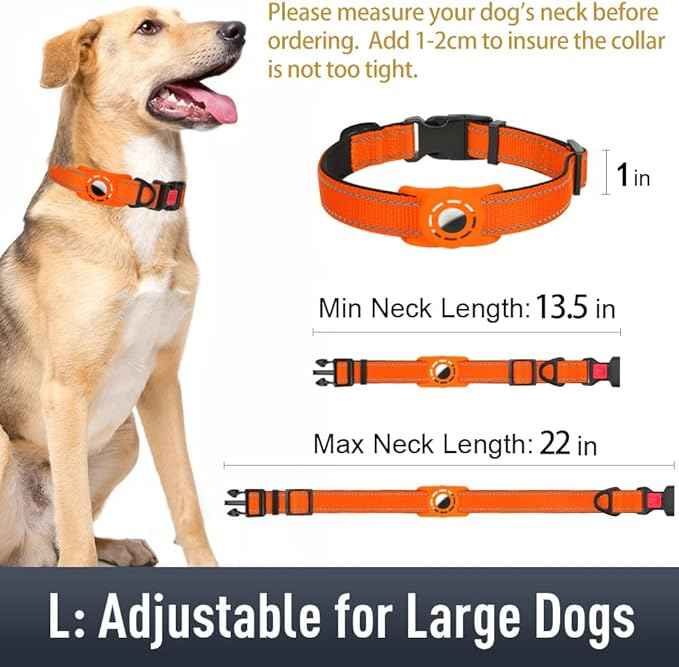 AirTag Dog Collar with AirTag Holder Compatible for Air Tag, Reflective Soft Padded, Safety Locking Buckle, Adjustable Nylon for Small Medium Large Dogs (Orange,L)