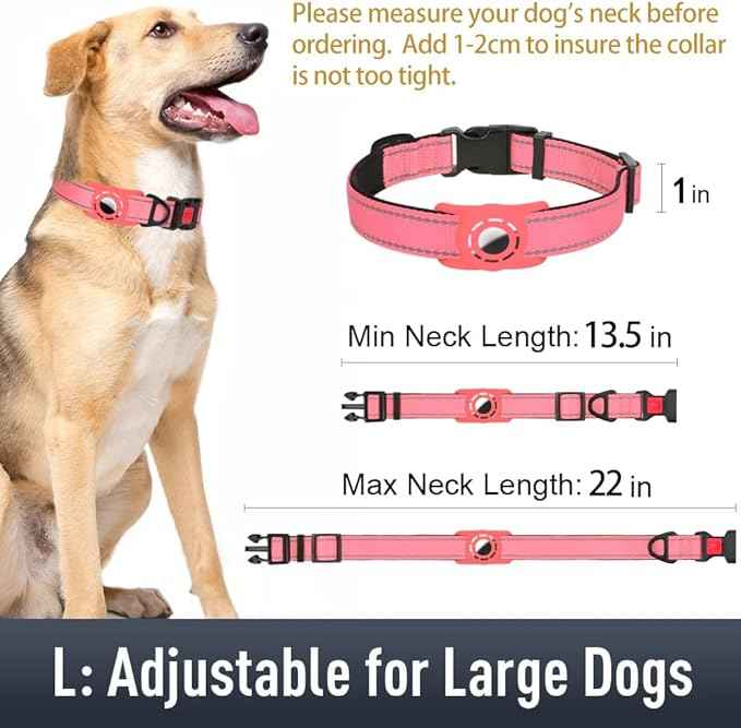 AirTag Dog Collar with AirTag Holder Compatible for Air Tag, Reflective Soft Padded, Safety Locking Buckle, Adjustable Nylon for Small Medium Large Dogs (Pink,L)