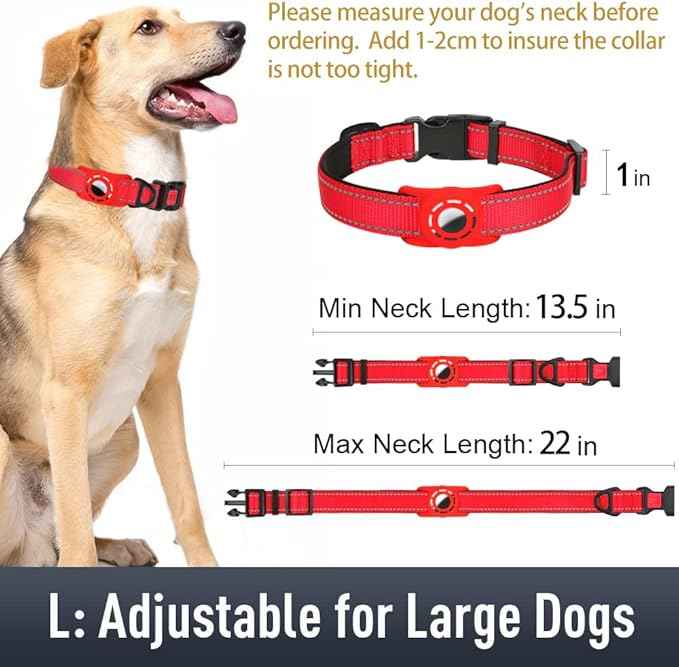 AirTag Dog Collar with AirTag Holder Compatible for Air Tag, Reflective Soft Padded, Safety Locking Buckle, Adjustable Nylon for Small Medium Large Dogs (Red,L)