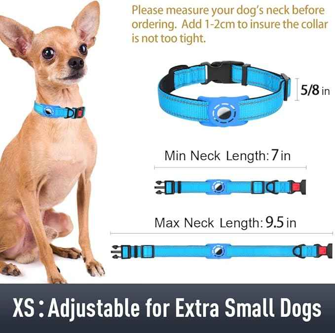 AirTag Dog Collar with AirTag Holder Compatible for Air Tag, Reflective Soft Padded, Safety Locking Buckle, Adjustable Nylon for Small Medium Large Dogs (SkyBlue,XS)