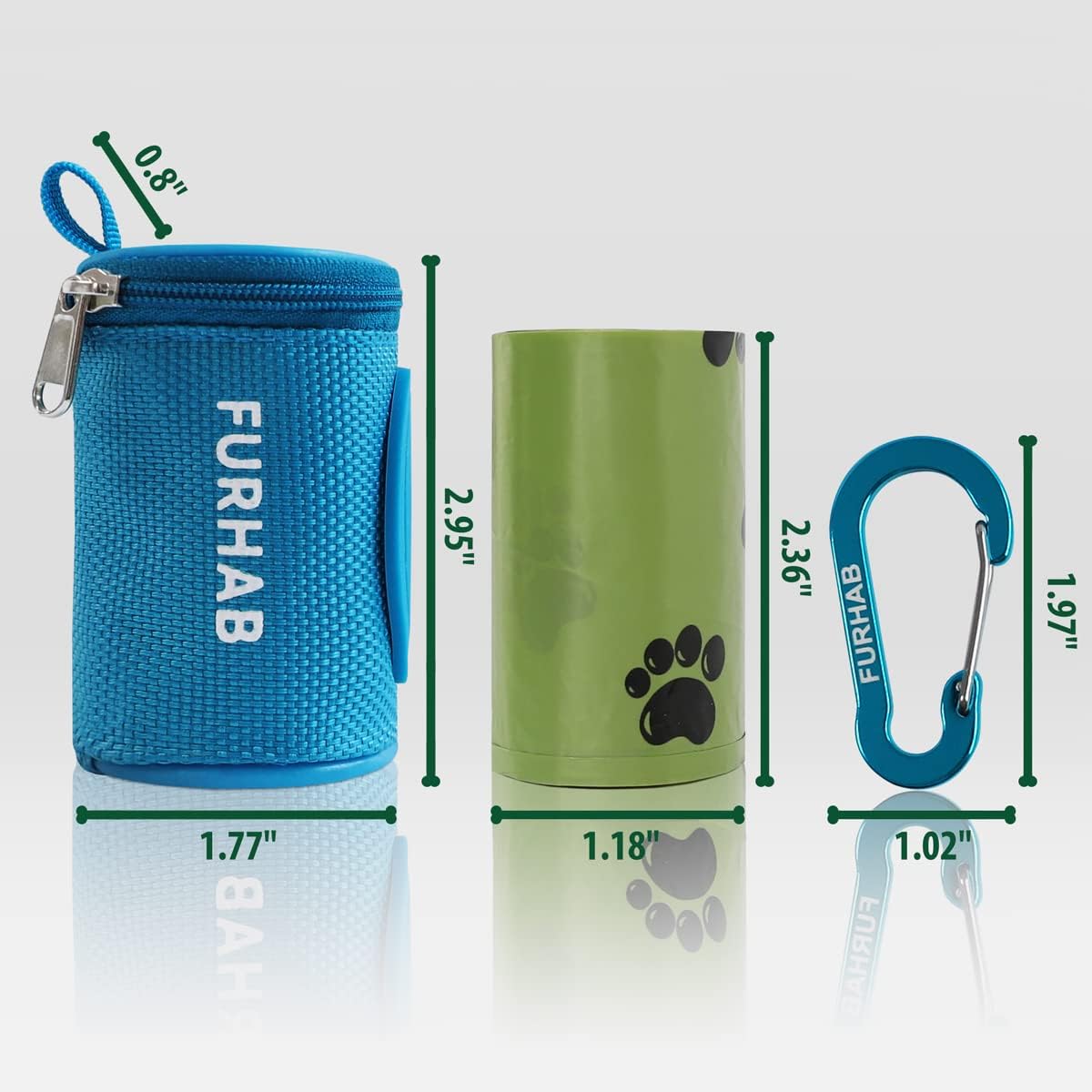 Dog Poop Bag Holder for Leash Doggie Waste Bag Dispenser Soft Fabric Puppy Potty Carrier Small Doggy Zipper Pouch with Carabiner Clip 1680D Nylon Oxford with 1 Roll of Pet Trash Bags, Sky Blue - Pawvie