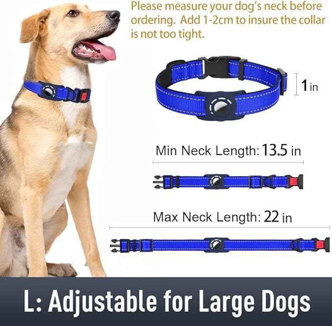 AirTag Dog Collar with AirTag Holder Compatible for Air Tag, Reflective Soft Padded, Safety Locking Buckle, Adjustable Nylon for Small Medium Large Dogs (NavyBlue,L)