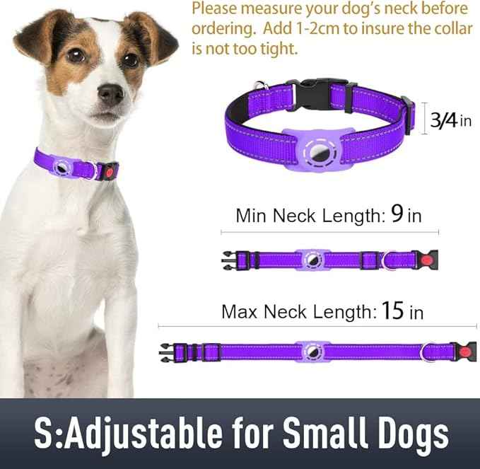 AirTag Dog Collar with AirTag Holder Compatible for Air Tag, Reflective Soft Padded, Safety Locking Buckle, Adjustable Nylon for Small Medium Large Dogs (Purple,S)