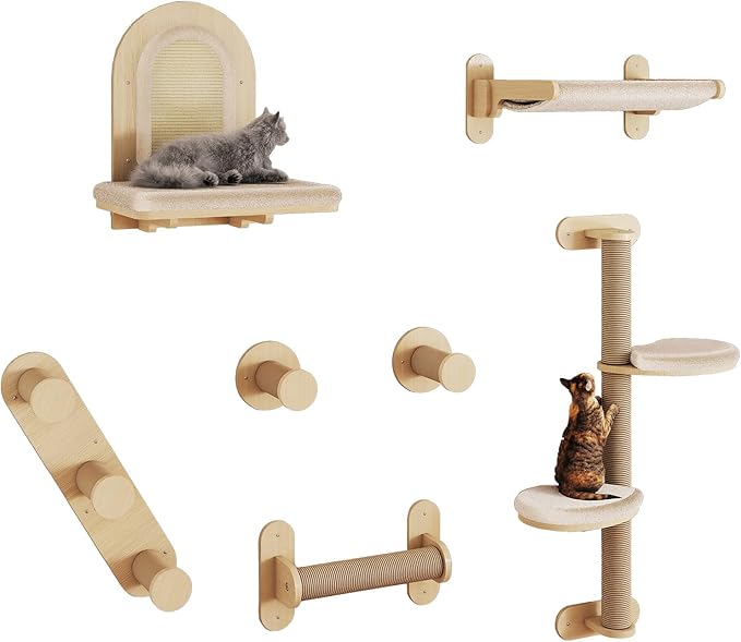 BYBYME 7 Pcs Wall-Mounted Cat Shelves, Multi-Level Sturdy Climbing Frame with Scratching Posts, Kitten Platform & Cat Bed for Playing & Resting, Solid Wood Indoor Cat Room Tree(Natural Wood)