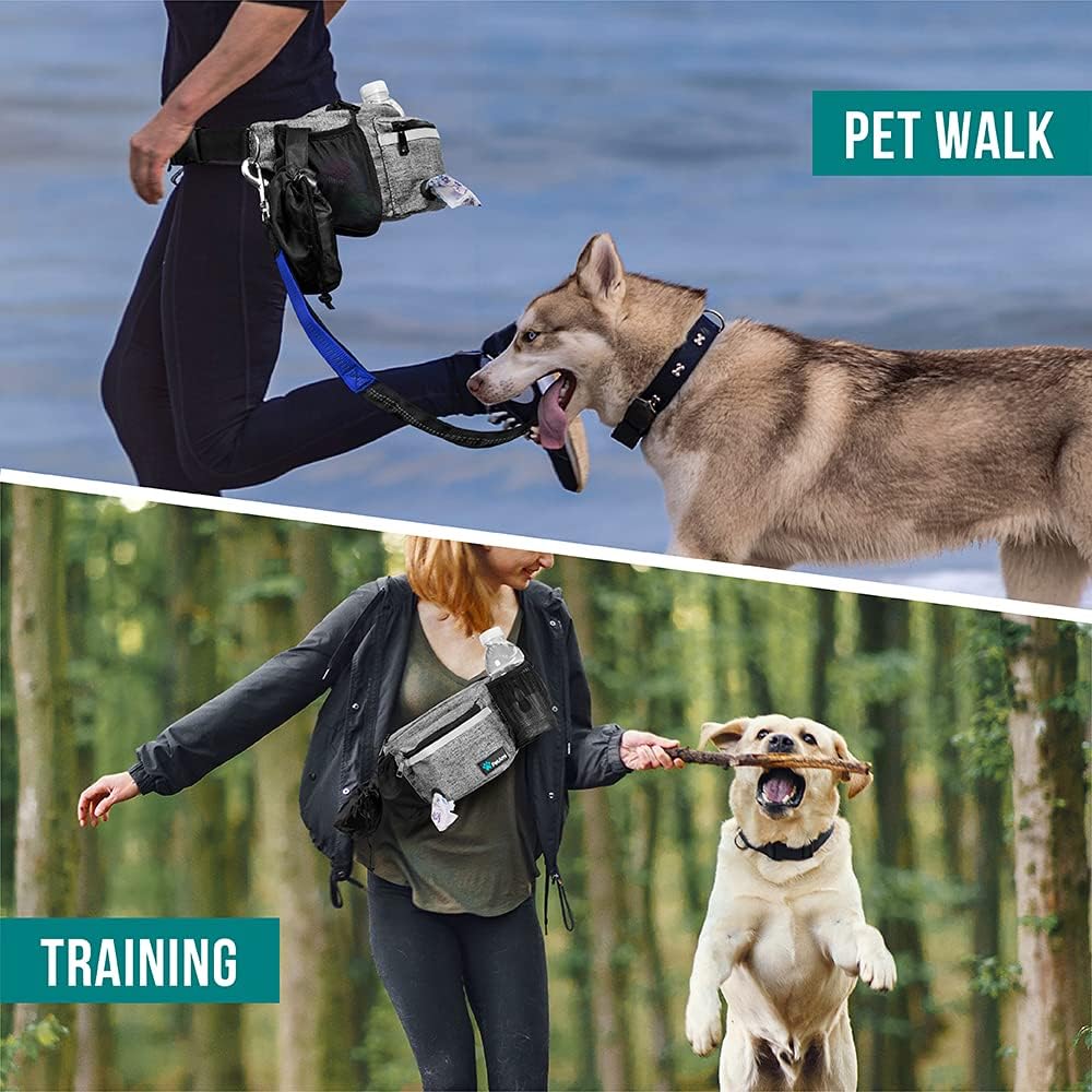 PetAmi Dog Fanny Pack, Treat Pouch for Dog Walking, Training, Built in Poop Bag Dispenser, Water Bottle Holder, Collapsible Bowl, Pet Treat Waist Belt for Hiking, Running, Kibbles (Grey)