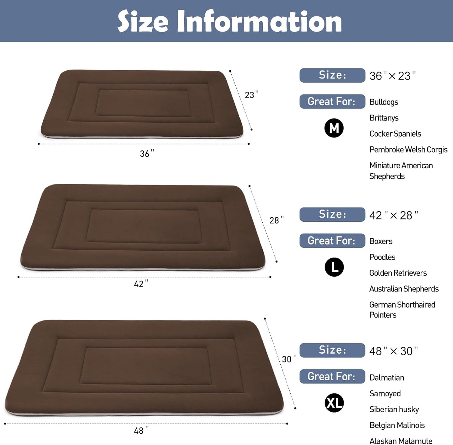 JoicyCo Soft Dog Crate Bed Pad Mat, 48 in Non-Slip Bottom Washable for Extra Large Dogs, Pet Mattress Kennel Pad, Dark Brown
