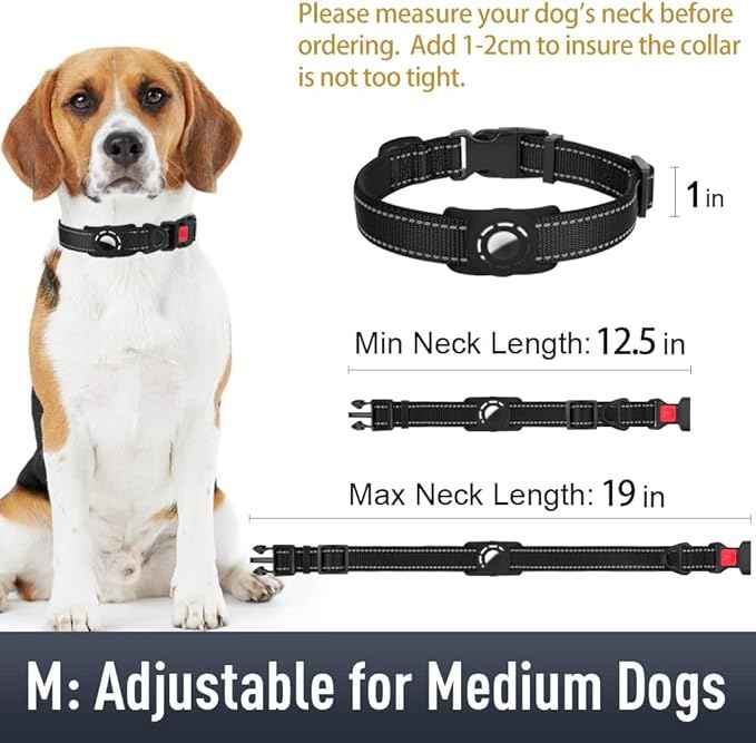 AirTag Dog Collar with AirTag Holder Compatible for Air Tag, Reflective Soft Padded, Safety Locking Buckle, Adjustable Nylon for Small Medium Large Dogs (Black,M)