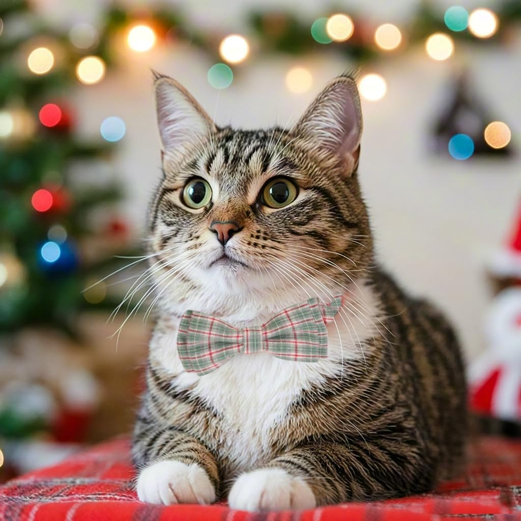 2 Pack Soft Cotton Christmas Cat Collars with Bowtie and Bell Breakaway Plaid Cat Kitten Collar(Red and Green)