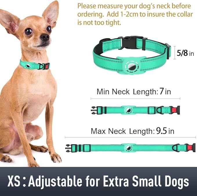 AirTag Dog Collar with AirTag Holder Compatible for Air Tag, Reflective Soft Padded, Safety Locking Buckle, Adjustable Nylon for Small Medium Large Dogs (Teal,XS)