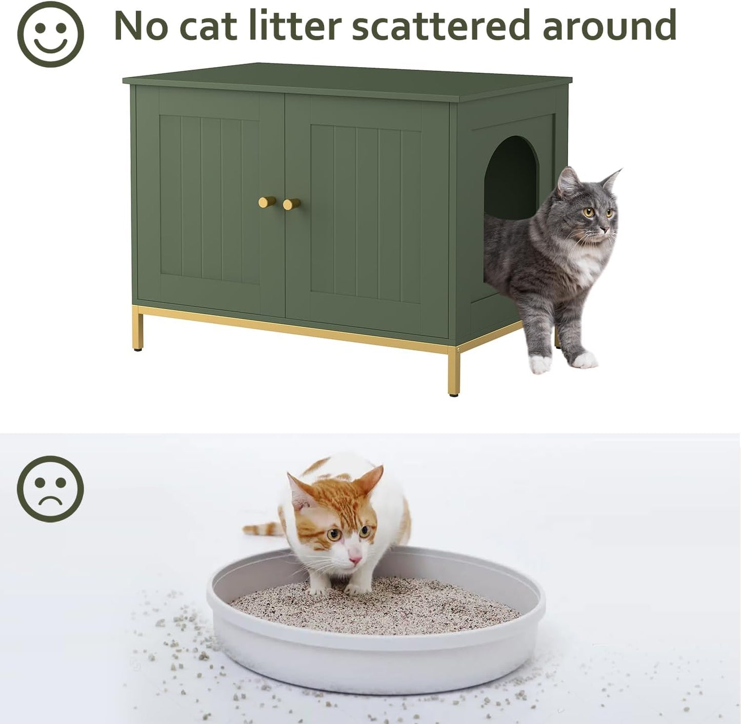 Homhedy Cat Litter Box Enclosure, Cat Washroom Furniture with Metal Frame, Pet House, Fit Most of Litter Box, Modern Style, Green and Gold