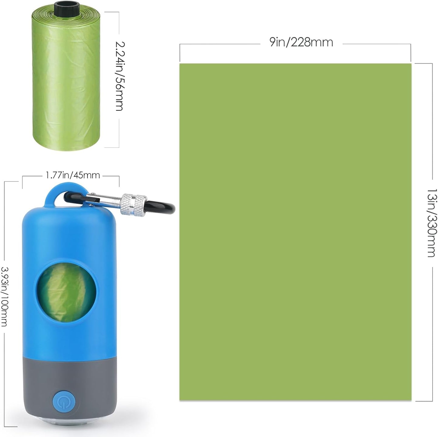 Rechargeable Dog Poop Bag Dispenser With Safety LED Flashlight, Pet Waste Bag Holder with Carabiner Clip For Leash, Collar,Harness, and 15 PCS Extra Thick Doggy Waste Bags