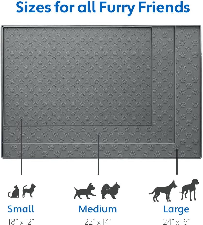 MIGHTY MONKEY 100% Waterproof Dog Food Mat, Raised Edges Silicone Pet Feeding Placemat for Cat, Dogs, Pet Bowls, High Lipped Tray Prevents Water Spills, Food on Floor, Dishwasher Safe, 24x16, Gray