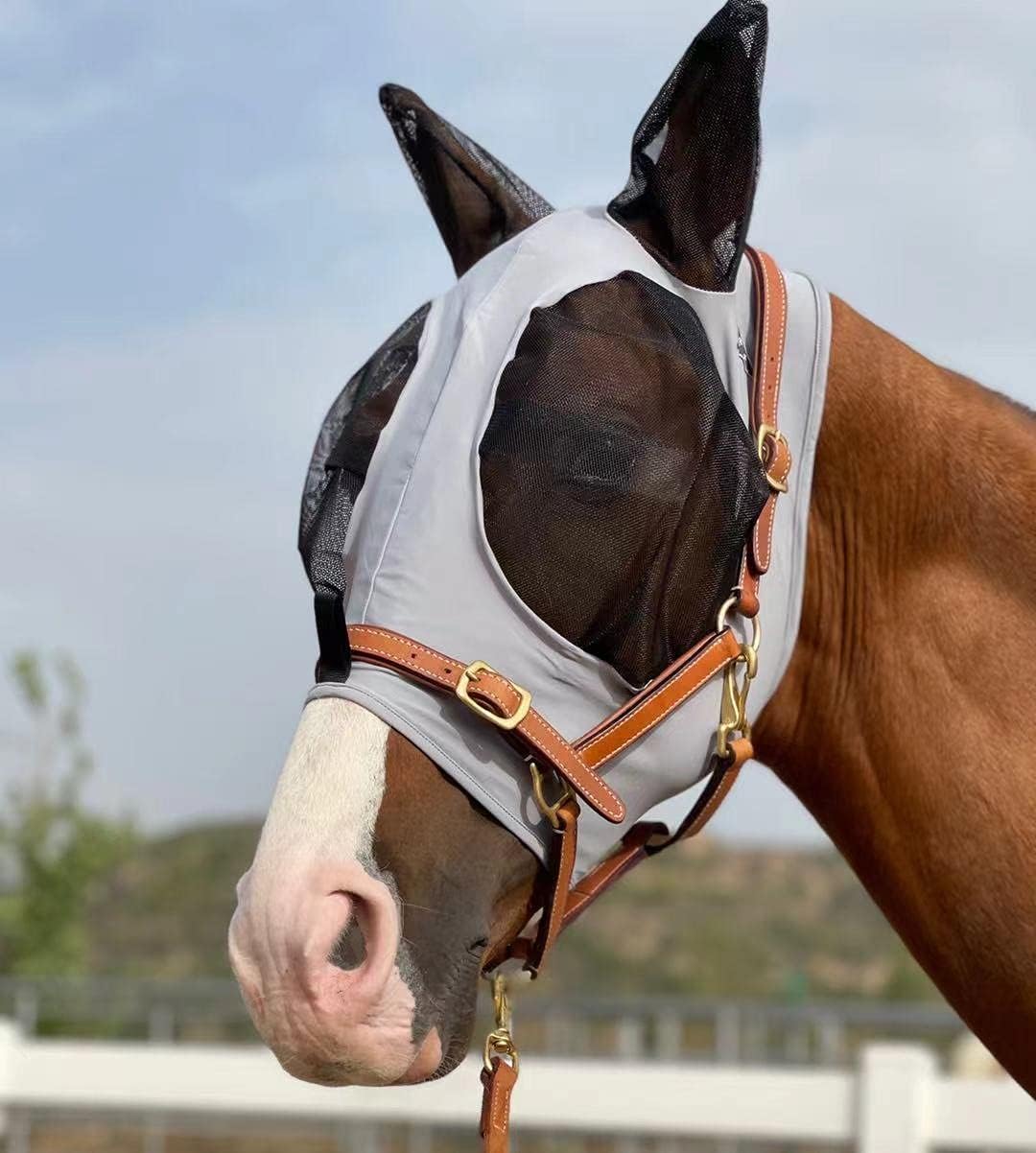 Horse Fly Mask Super Comfort Horse Fly Mask Elasticity Fly Mask with Ears We Only Make Products That Horses Like… (Gray, M)