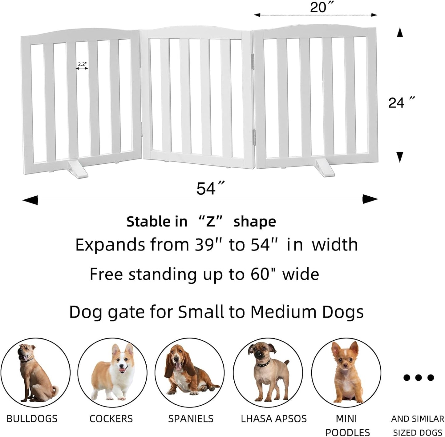 ZJSF Foldable Freestanding Indoor Dog Gate for House Wood White Long Pet Gates Dog Fence for Stairs Puppy Gates for Hallways,Pet Fence, Puppy Gate,Support Feet Included 24 "Height-3 Panels