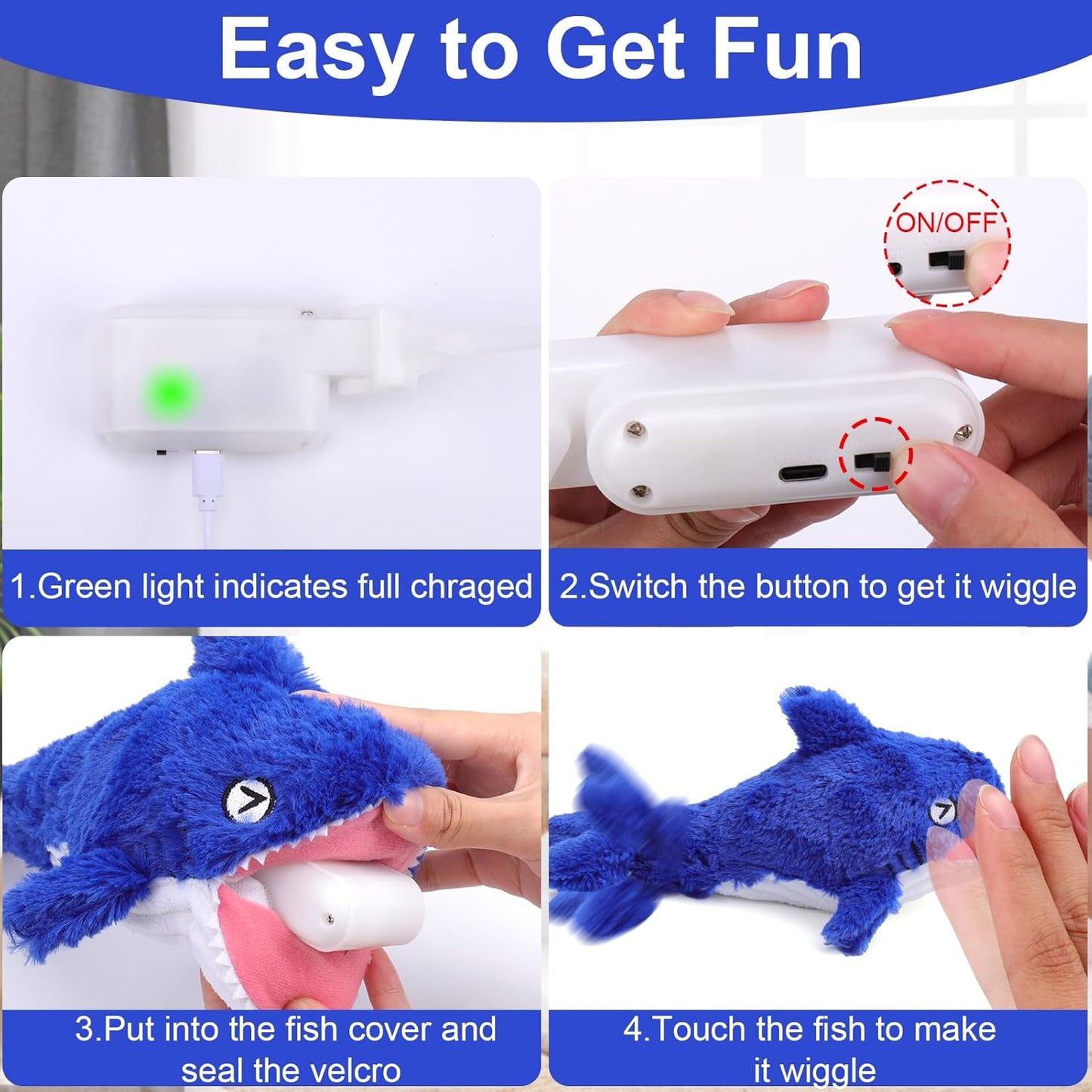 Mity rain 2 in 1 Interactive Dog Toys, Shark Dog Toy to Keep Them Busy, Plush Squeaky Dog Toys, Rechargeable Wiggly Fish Blue Dog Toys for Small Medium Large Dogs, Moving Dog Toys for Indoor&Outdoor