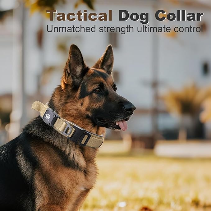 2026 Upgrade Dog Collar with IPX8 Waterproof AirTag Holder,Military Tactical Comfortable Control Handle and Ultra-Durable Metal Buckle/Night Reflective,GPS Collar for Medium to Large Dogs(Khaki/XL)