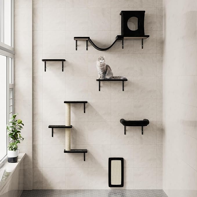 NUNU LAB Wall Mounted Cat Wall Shelves, 12-in-1 Cat Wall Climber with Condos House, Scratching Post, Bridge Ladder, Indoor Space-Saving Furniture for Kittens Play, Black