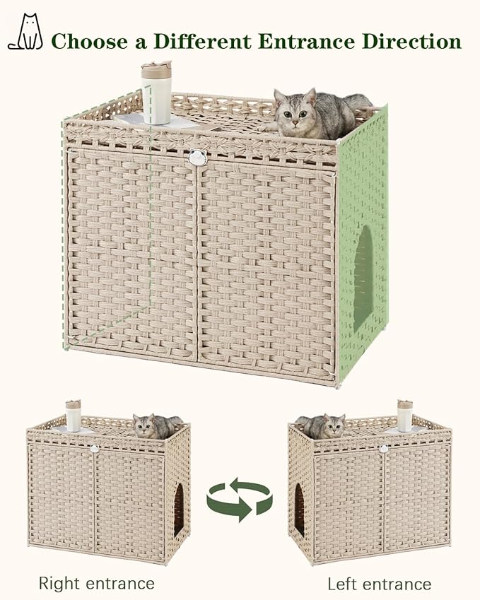 Cat Litter Box Enclosure Furniture, Hidden Litter Box, Cat Litter Box Cabinet with 2 Litter Mats, Handwoven Rattan Large Space Cat House Indoor, Living Room, Bedroom, Apartment Light Khaki