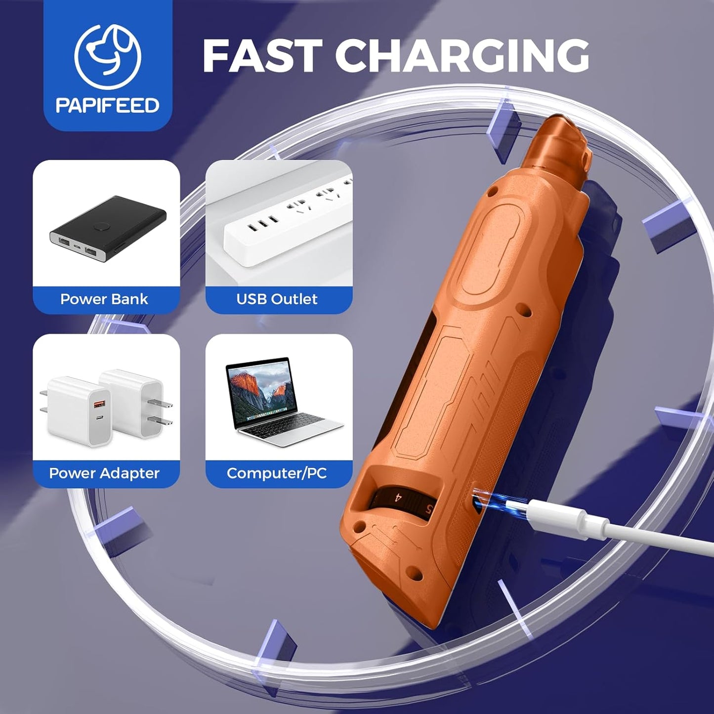 PAPIFEED High Torque Dog Nail Grinder Quiet - 6-Speed Adjustable Pet Nail Trimmer with 2 LED Lights & Dust-Proof Cover, Powerful Motor for Large/Medium/Small Dogs & Cats, Rechargeable - Orange