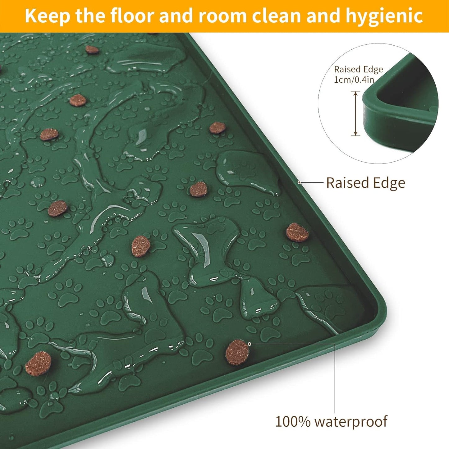 Ptlom Pet Placemat for Dog and Cat, Waterproof Silicone Pet Feeding Bowl Mats for Food and Water, Small Medium Large Dogs Mat Prevent Residues from Spilling to Floor, Hunter Green, 18" 12"