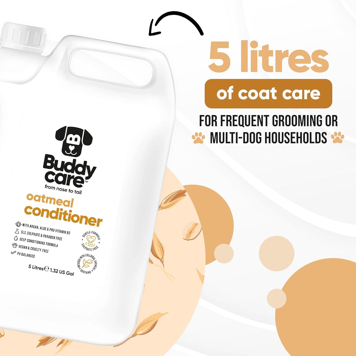 Oatmeal Dog Conditioner (169.07oz) Made with Aloe Vera, Argan Oil & Pro Vitamin B5 to Detangle Matted Coats & Relieve Sensitive & Itchy Skin, Suitable for Puppies from 8 Weeks, Vegan