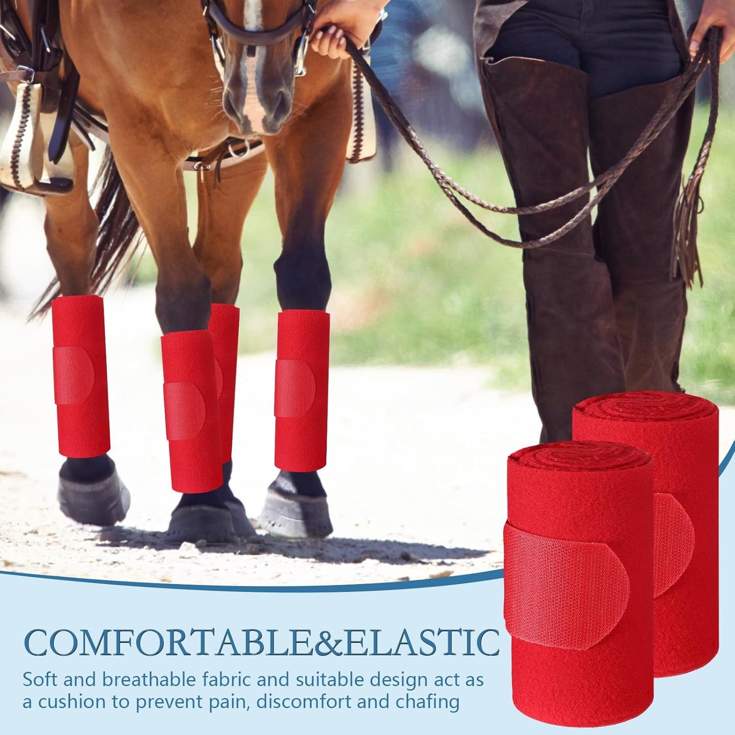 Set of 4 Horse No Bow Bandage 3D Contoured Standing Wrap Bandages Stable Nylon Horse Leg Wraps for Helping Prevent Horse from Tendon Damage and Keep Horses Clean and Safe(Red)