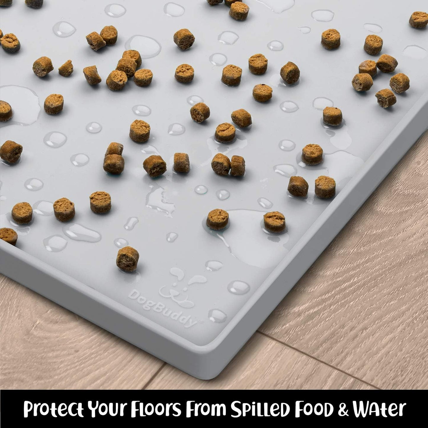 DogBuddy Dog Food Mat – Waterproof Dog Bowl Mat for Food and Water, Silicone Pet Feeding Mats for Floors, Non-Slip Placemat with High Edges for Dogs Bowls, Puppy Essentials (XS: 11" x 11", Mist)