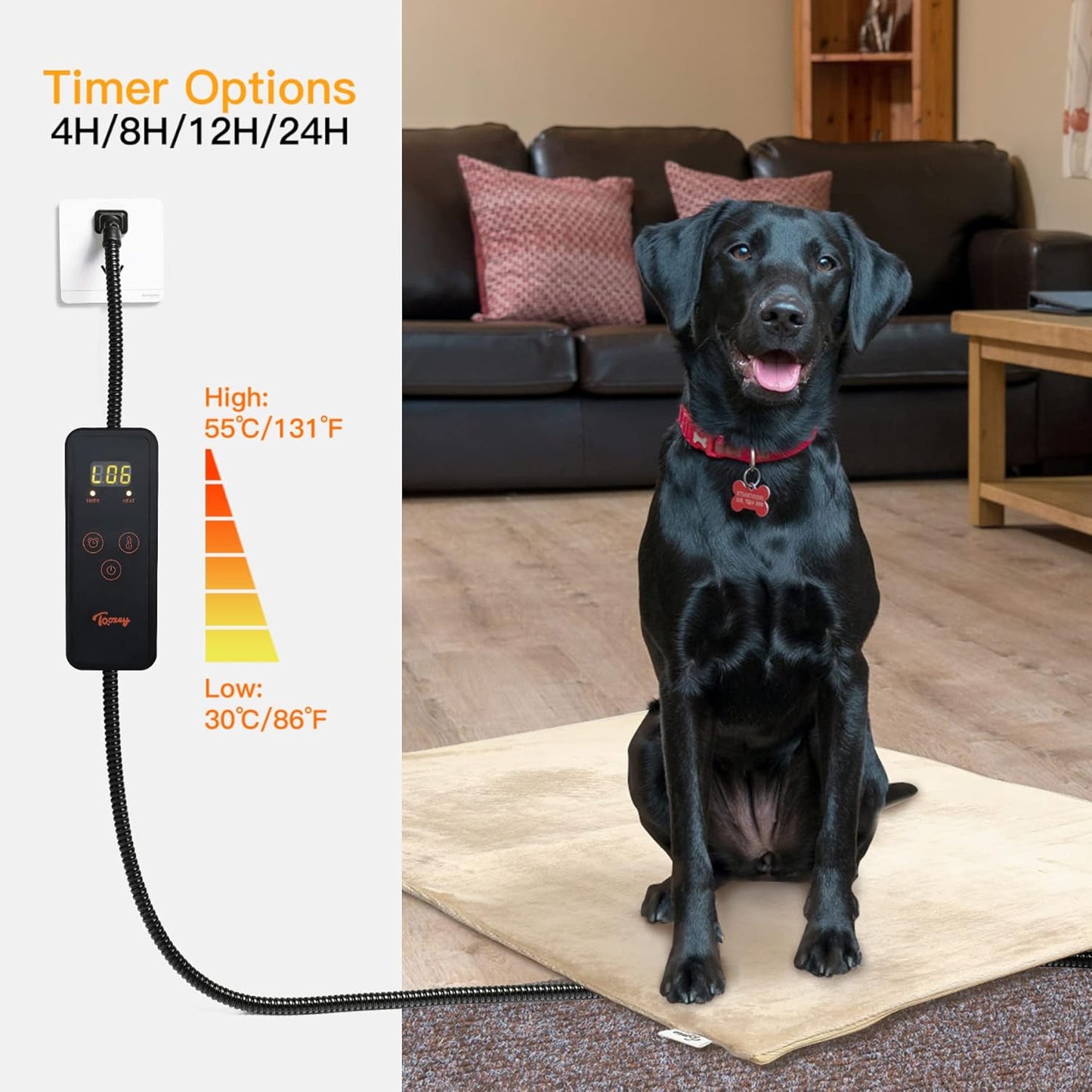 Toozey Pet Heating Pad, 6 Adjustable Temperature Heated Cat Bed with Timer, Waterproof Electric Heated Mat for Dogs and Cats, Chew Resistant Cord, Safe Indoor Use, 18x16in
