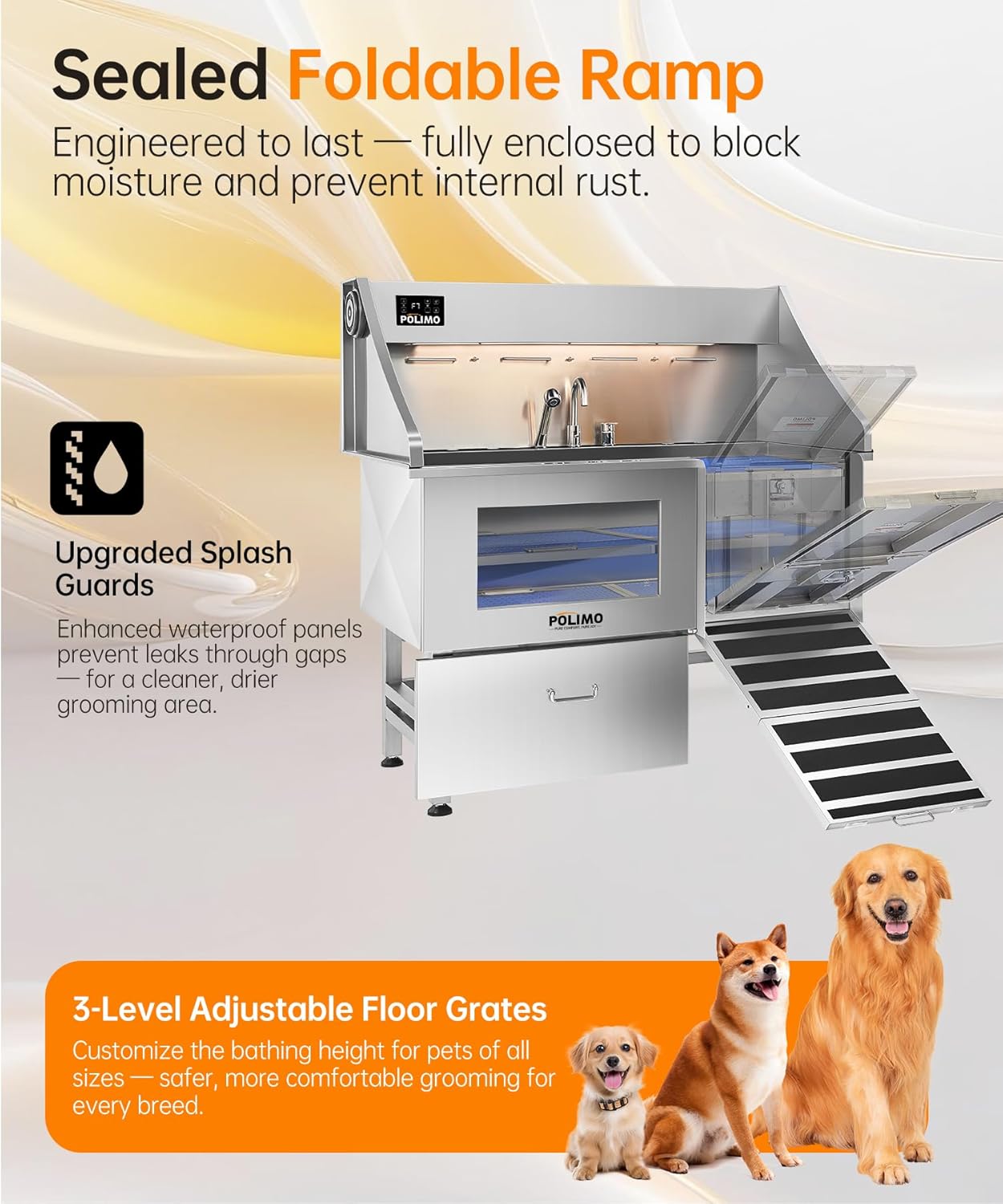 polimo Dog Washing Station with Dryer & LED, Professional Stainless Steel Grooming Tub, Dog Bathtub for Large, Medium & Small Dog, w/Window, Ramp, Drawer, Floor Grate &Fauct (Right RAMP & Dryer, 50")