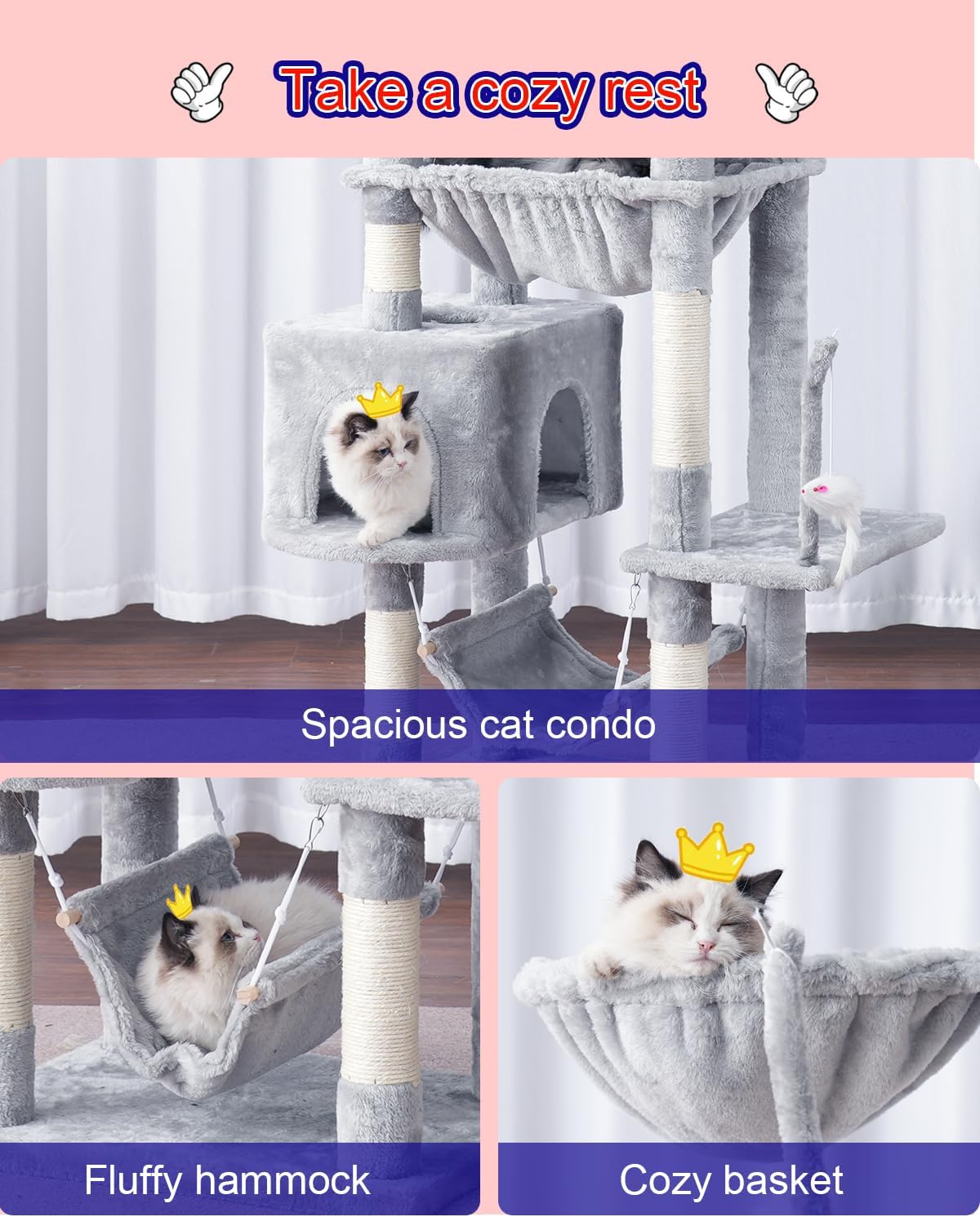 Cat Tree, Cat Tower for Large Cats with 2 Big Platforms, 2 Baskets, condo and Toys, 63" Cat Scratching Posts for Indoor Cats, Light Gray GCT020W