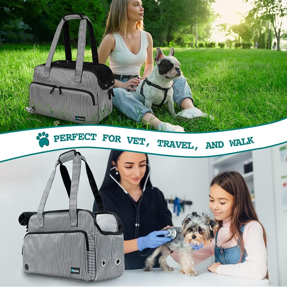 PetAmi Small Dog Purse Carrier, Soft-Sided Pet Carrier Bag with Pockets, Portable Puppy Cat Travel Handbag Tote, Airline Approved Breathable Mesh, Poop Bag Dispenser, Max 18 lbs, Stripe Black