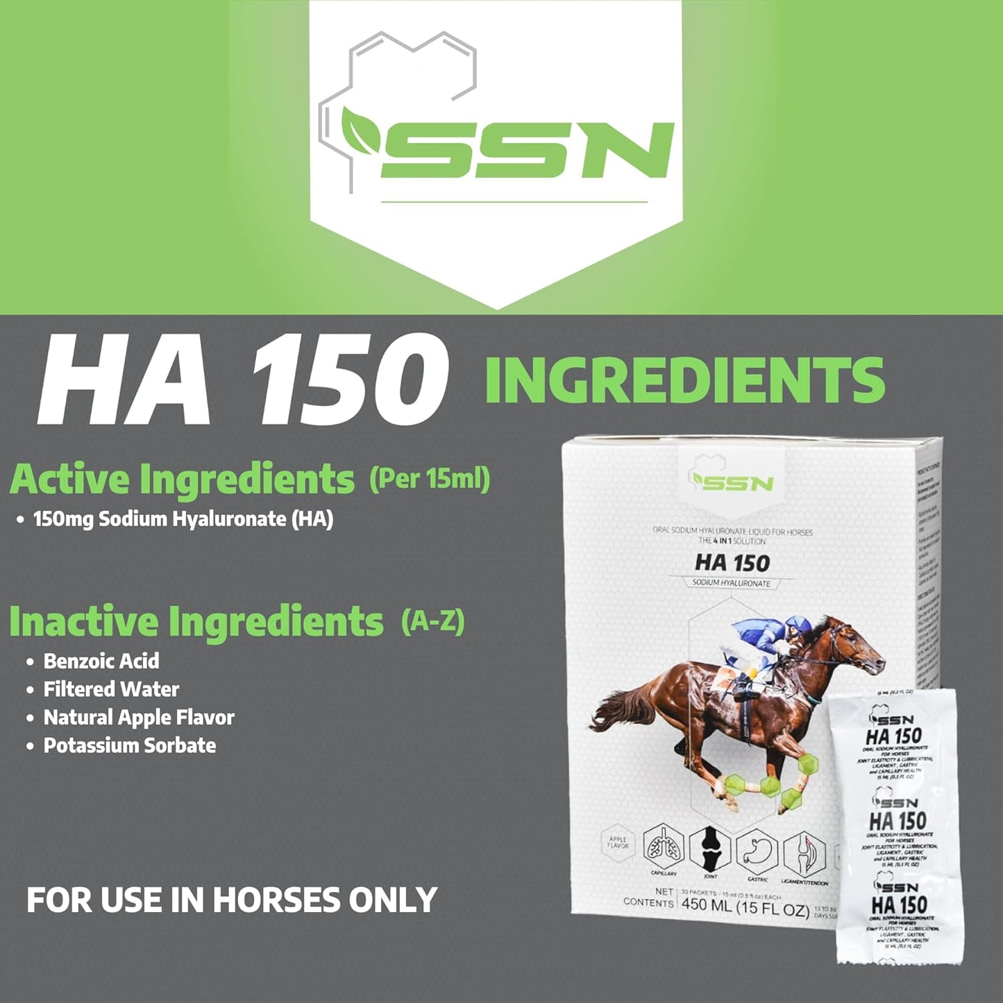 SSN HA 150 - 4 In 1 Horse Supplement - 60 Servings - Equine Joint, Gastric, Ligament/Tendon, Lung Capillary Health - Glucosamine Alternative - (60 Pack, 150mg Sodium Hyaluronate per Serving)