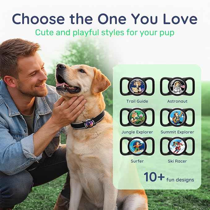 Dog AirTag Holder for Dog Collar, Soft Silicone Slide-On Case for Apple AirTag, No-Dangle Quiet Protective Holder with Eye-Catching Pet Character Designs, Happy Camper