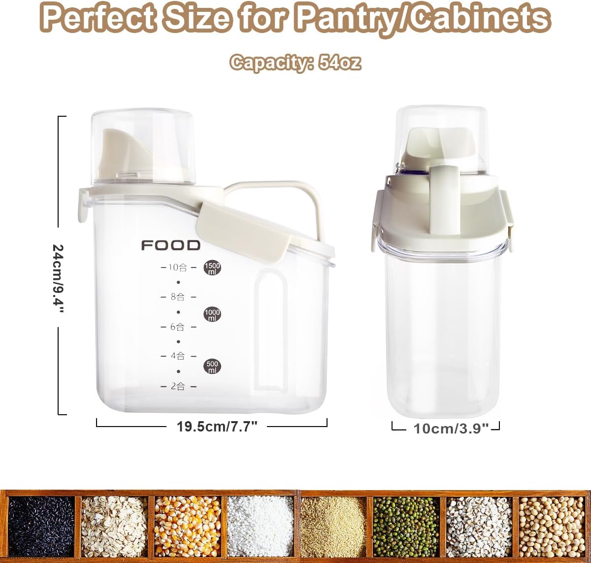 3 Pieces Cereal Containers Storage, 51fl.oz/1.5L Compact Crystal Clear Dry Food Storage Containers with Pouring Spout Measuring Cup for Rice Nuts Beans Pet Food Snacks Candies, 3PCS