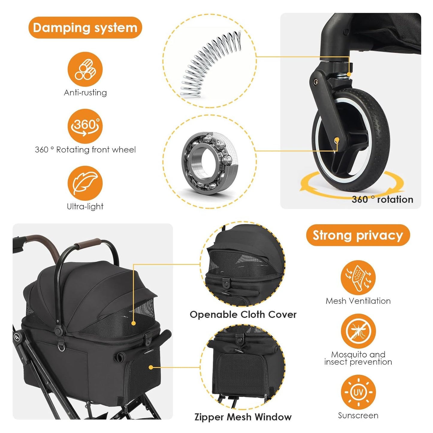 X2 Pet Stroller, Dog Cat Stroller for Small Pets Under 44lbs, Equipped with Detachable & Foldable Carrier, Waterproof Pad & Sunshade Canopy,Camel (Black) - Pawvie