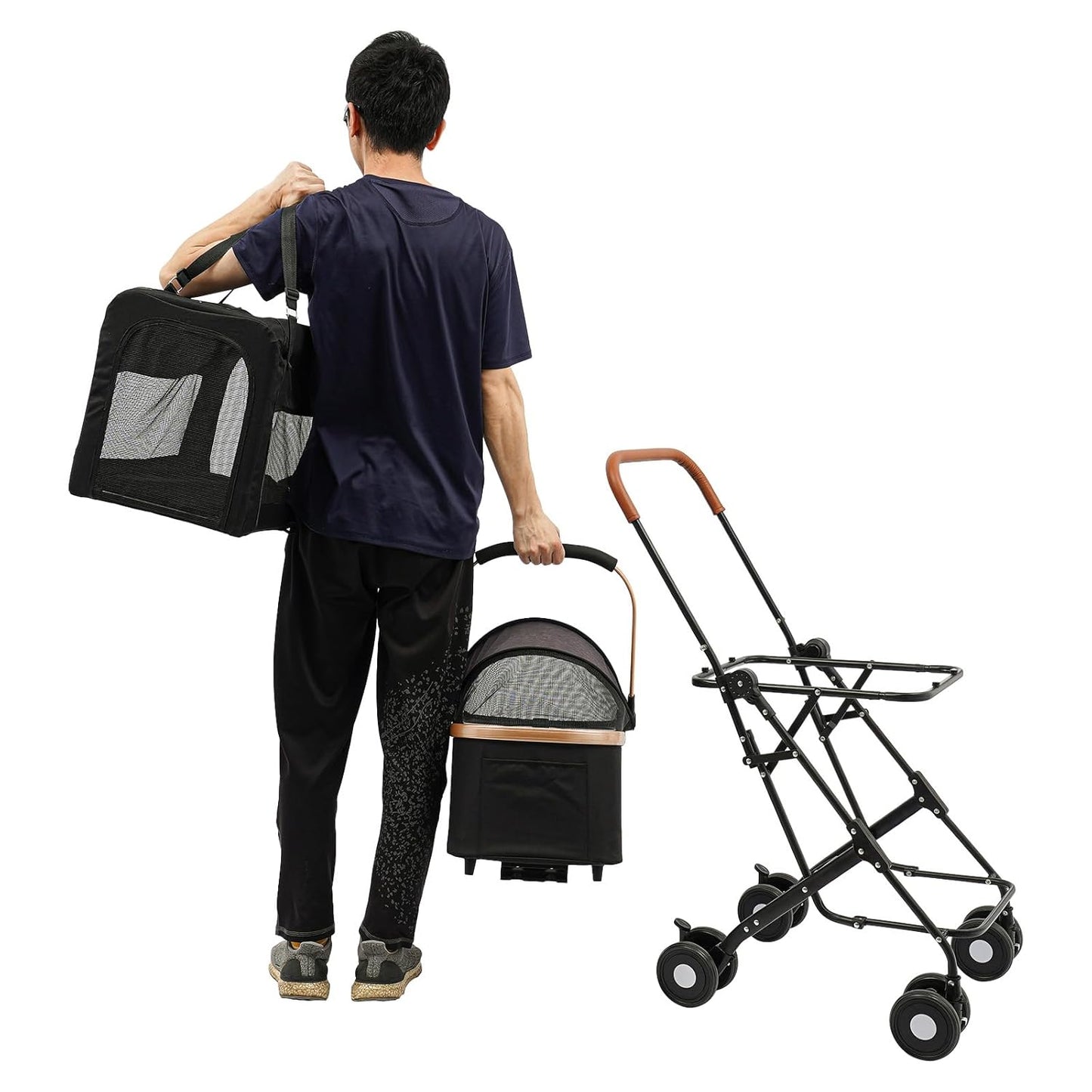 Double Pet Stroller for Dogs and Cats, Foldable Dog Stroller Travel Carriage with Detachable Carriers, Safety Belts, and 4 Lockable Wheels for Small to Medium Pets (Black) - Pawvie