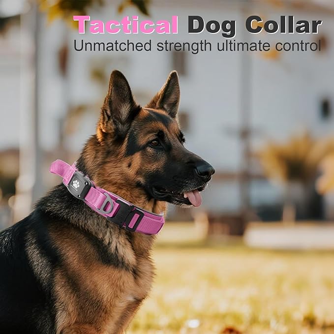 2026 Upgrade Dog Collar with IPX8 Waterproof AirTag Holder,Military Tactical Comfortable Control Handle and Ultra-Durable Metal Buckle/Night Reflective,GPS Collar for Medium to Large Dogs(Pink/L)