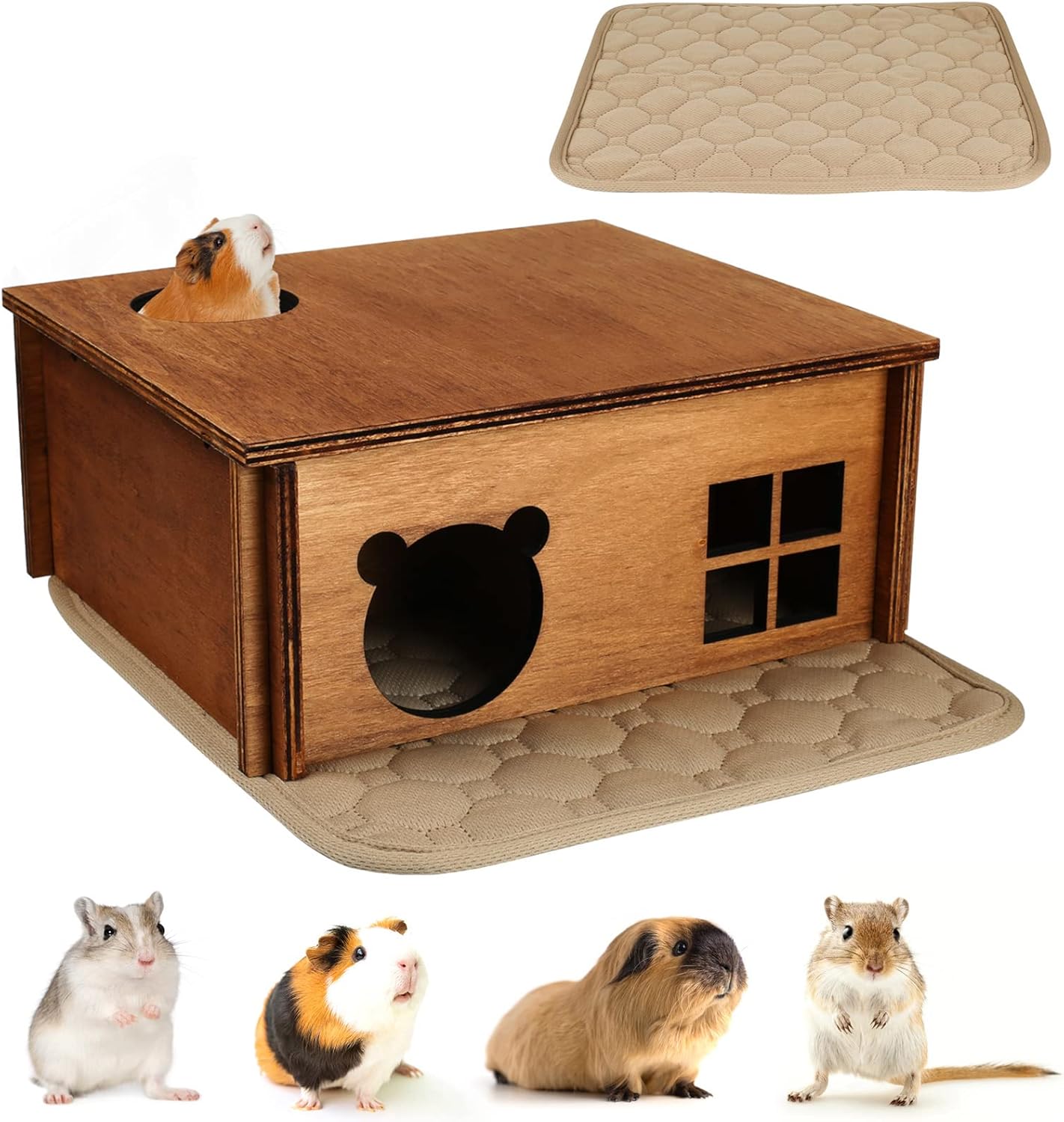 Hamster Multi Chamber Maze Hideout: Wooden Maze Tunnel House Exploring Toys for Hamster Gerbils Mice Guinea Pig Chinchillas, Small Animals Hideout and House - Brown
