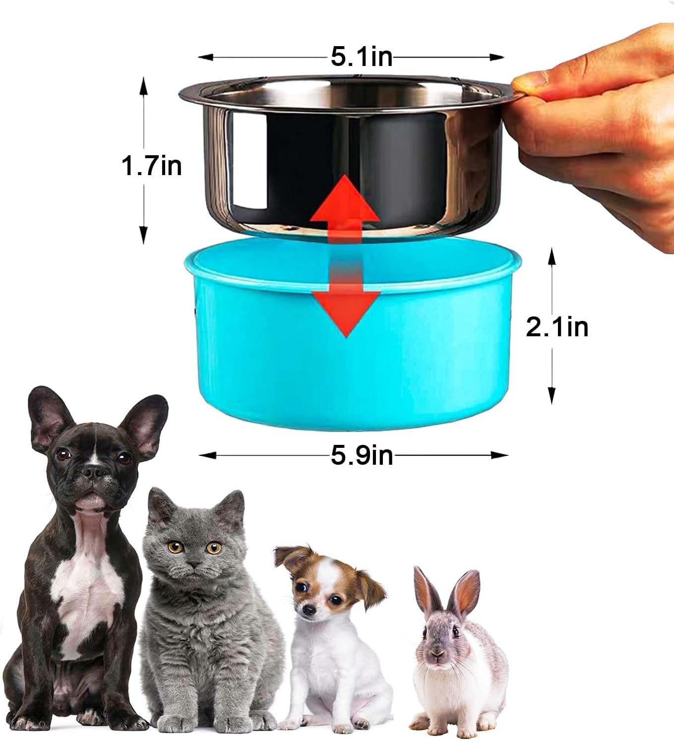 HERCOCCI Dog Crate Bowl, Removable Stainless Steel Pet Kennel Cage Hanging Food Bowls and Water Feeder Coop Cup Prevent Overflow for Puppy, Medium Dog, Cat, Rabbit, Ferret