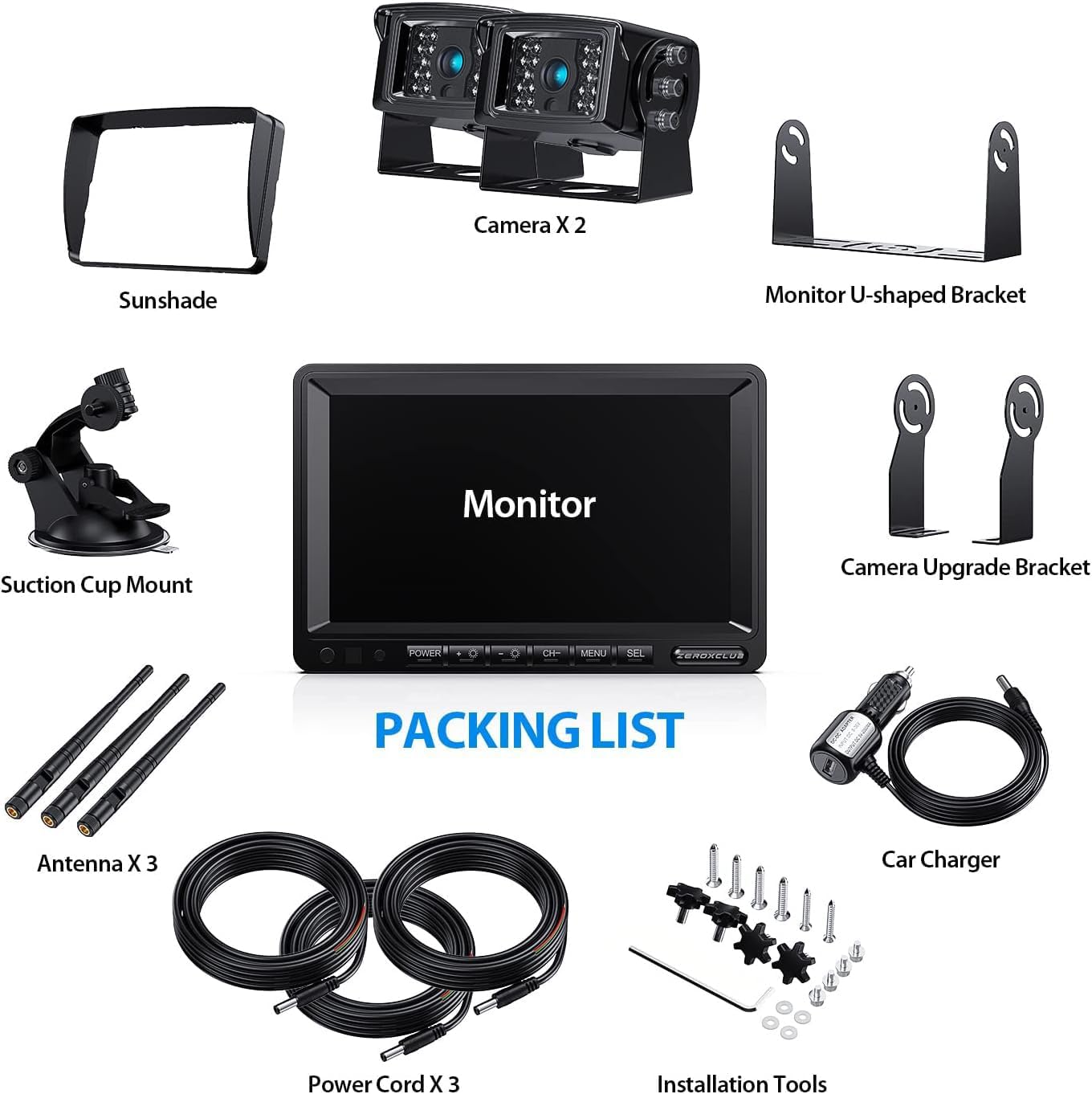 Digital Wireless Backup Camera System Kit, IP69K Waterproof Wireless 2 Rear View Camera + 7ββ LCD Dual Split Monitor for RV/Truck/Bus/Camper/Trailer (WX02)