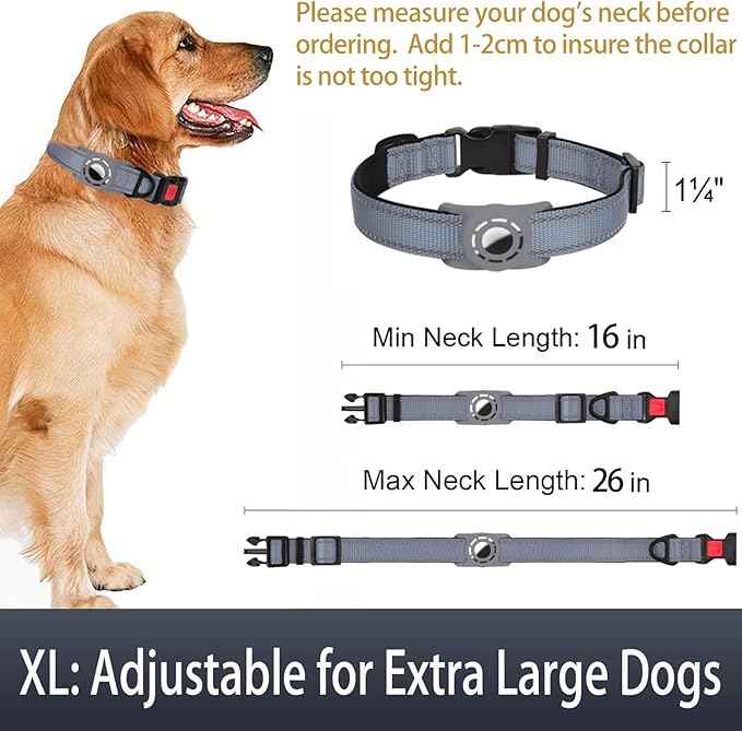 AirTag Dog Collar with AirTag Holder Compatible for Air Tag, Reflective Soft Padded, Safety Locking Buckle, Adjustable Nylon for Small Medium Large Dogs (Grey,XL)