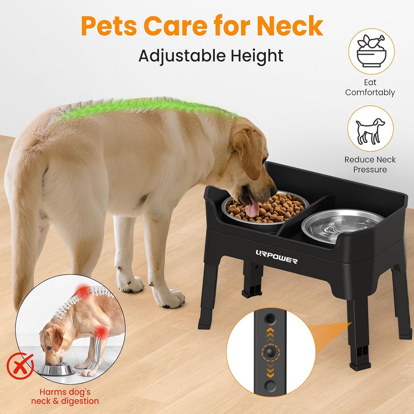 URPOWER 3-in-1 Elevated Dog Bowls - Mess Proof Double Deck 4 Height Adjustable Raised Stand with 2 Stainless Steel Food Bowls & Licking Plate for Small, Medium & Large Dogs