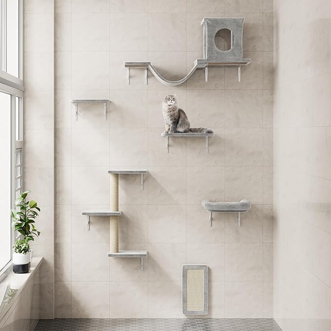 NUNU LAB Wall Mounted Cat Wall Shelves, 12-in-1 Cat Wall Climber with Condos House, Scratching Post, Bridge Ladder, Indoor Space-Saving Furniture for Kittens Play, Gray