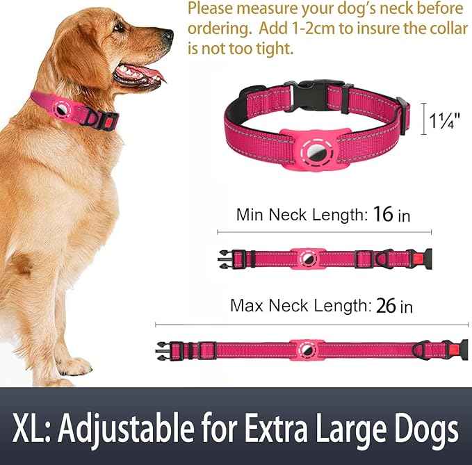 AirTag Dog Collar with AirTag Holder Compatible for Air Tag, Reflective Soft Padded, Safety Locking Buckle, Adjustable Nylon for Small Medium Large Dogs (Hotpink,XL)